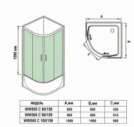 Душевое ограждение (уголок) без поддона WW 500С 90/159  900х900х1590 мм